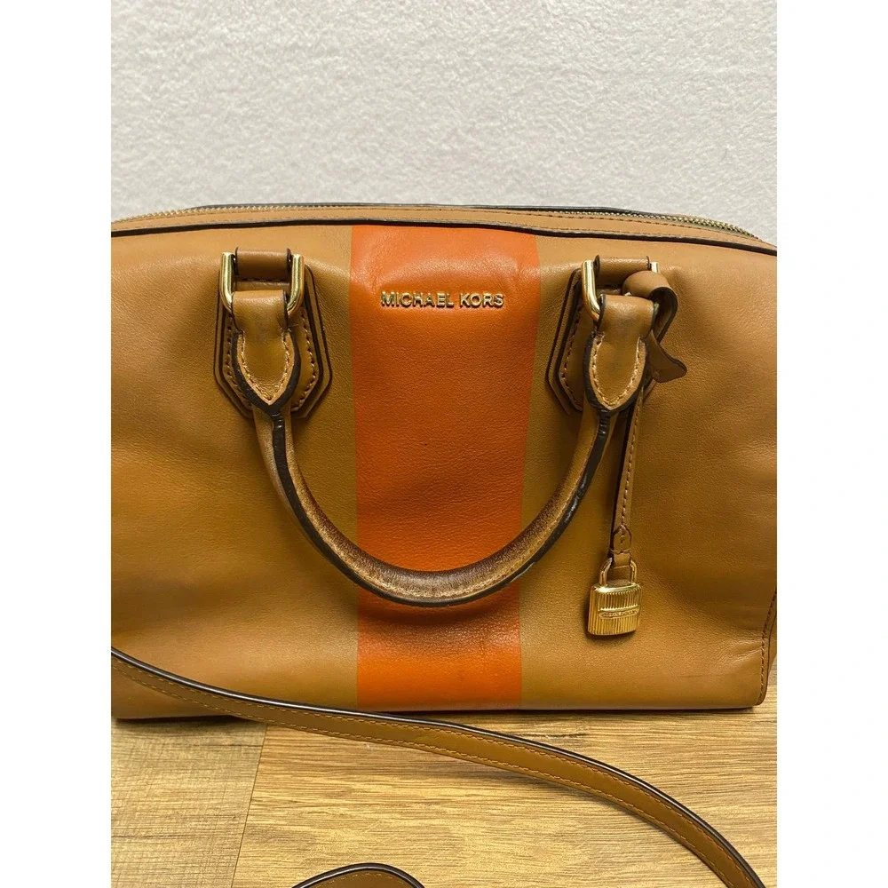 Michael Kors Leather Satchel‎ Orange Stripe Shoulder Bag Top Handle Lock